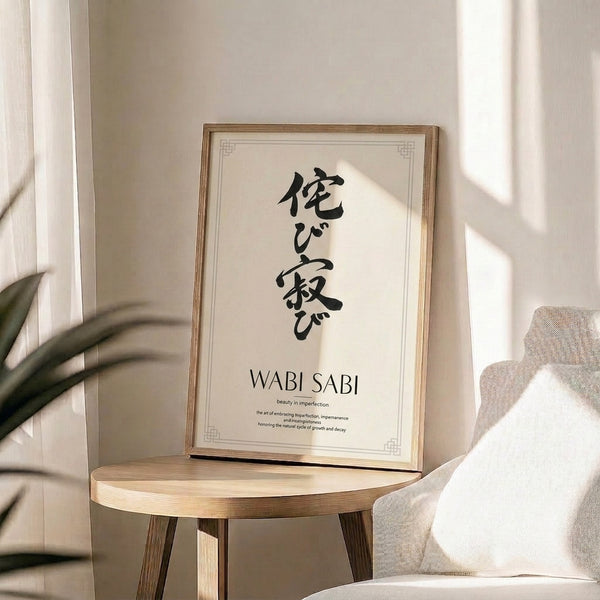 Framed minimalist poster with contemplative Asian calligraphy in black ink on cream background, evoking quiet philosophical reflection.