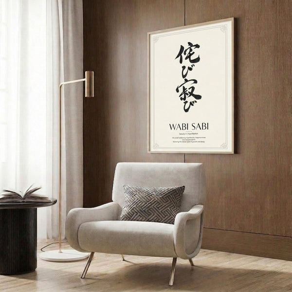 Japanese calligraphy print in soothing beige and black palette, featuring elegant brushwork that captures the essence of Japandi design.