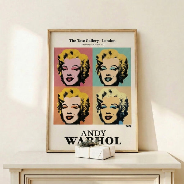 Retro Marilyn Monroe portrait with dynamic color blocking in orange, yellow, and pink—an iconic pop art composition on gallery wall.