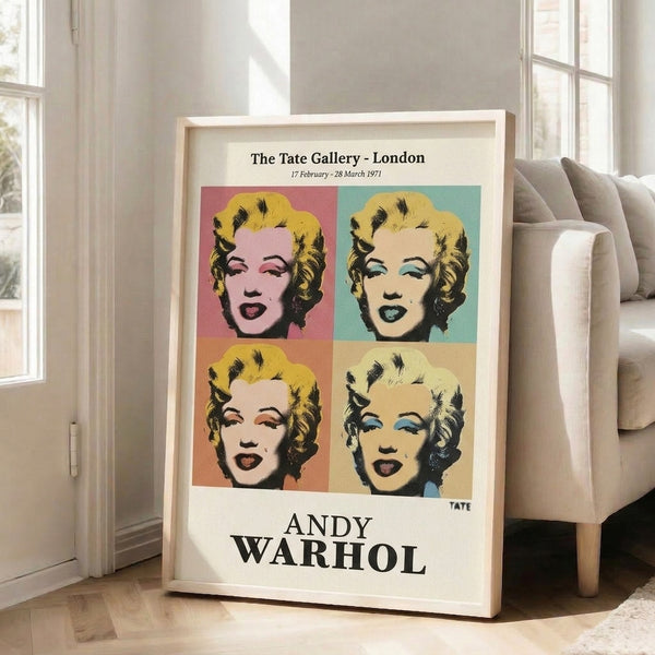 Bold pop art Marilyn Monroe poster with cream and mint green palette, capturing the vibrant energy of 1970s Warhol-style portraiture.