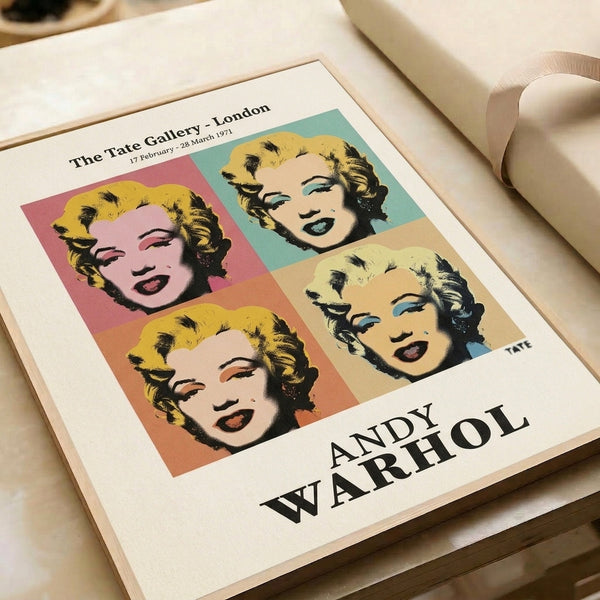 Vibrant pop art portrait of Marilyn Monroe rendered in celebratory mint, yellow, and orange tones—a classic Warhol-inspired icon.