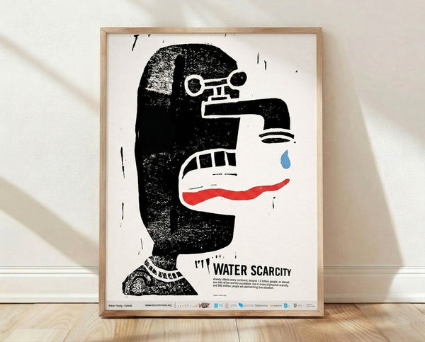 Minimalist Bauhaus poster featuring a profile face with telescope and water faucet in black, white, red and blue, conveying urgent environmental awareness.