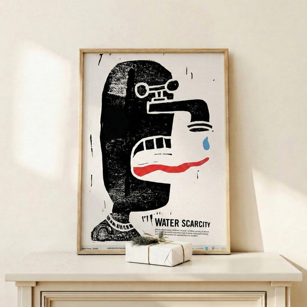 Framed Bauhaus-style art print combining profile silhouette, telescope, and faucet symbols in black, white, red and blue to explore themes of environmental scarcity.