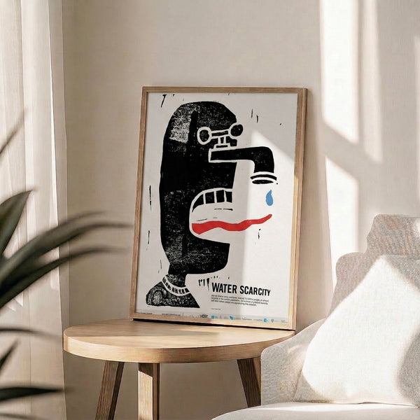 Contemporary poster art with geometric Bauhaus composition featuring profile, telescope, and faucet imagery in black, white, red and blue tones.