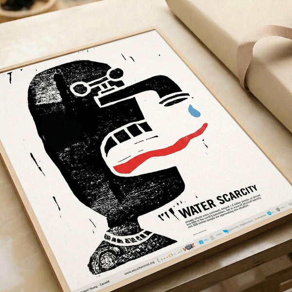 Minimalist modern print with Bauhaus design elements: profile face, telescope, and faucet rendered in monochromatic palette with red and blue accents for visual impact.