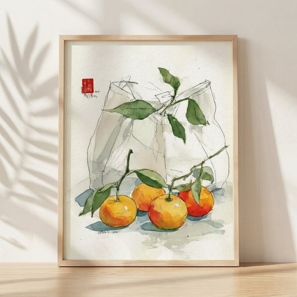 Watercolor and line art illustration of mandarin oranges with green leaves on a branch, rendered in warm yellows, burnt oranges, sage green, and dusty blue tones on a cream background.