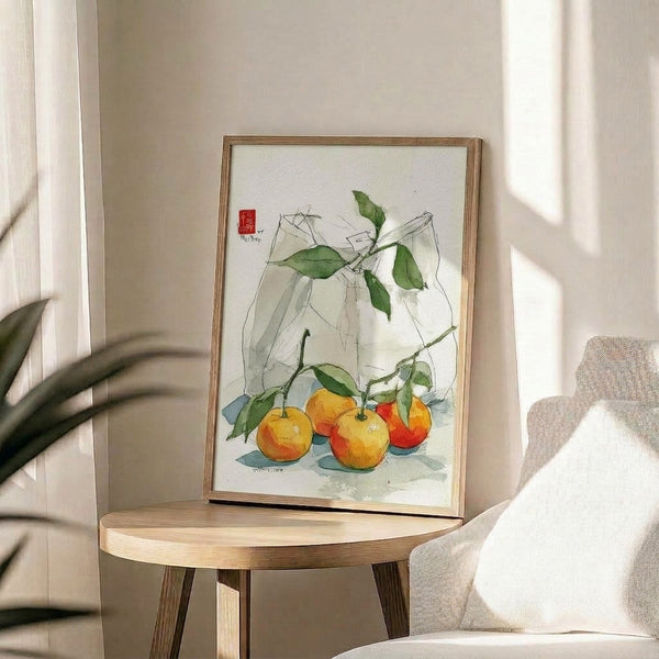 Serene botanical watercolor sketch depicting citrus fruit and foliage in a minimalist Japandi style, featuring soft orange and muted green hues with delicate linework.