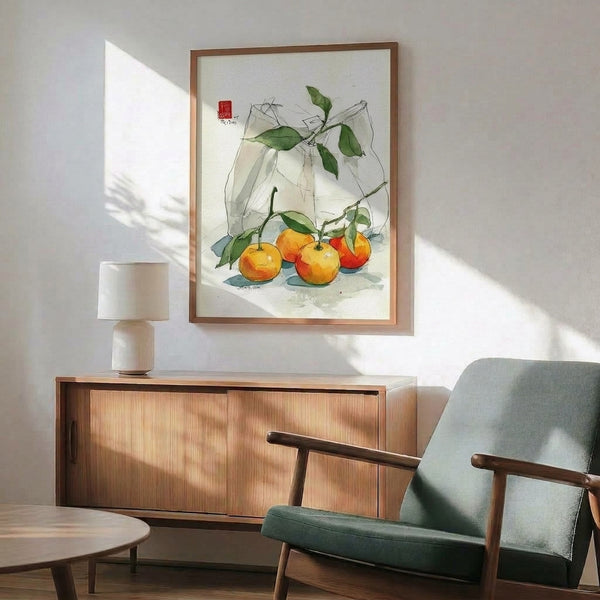 Framed watercolor painting of mandarin oranges with branches and leaves, combining loose watercolor washes with fine line details in a calm, contemplative palette of warm and cool tones.