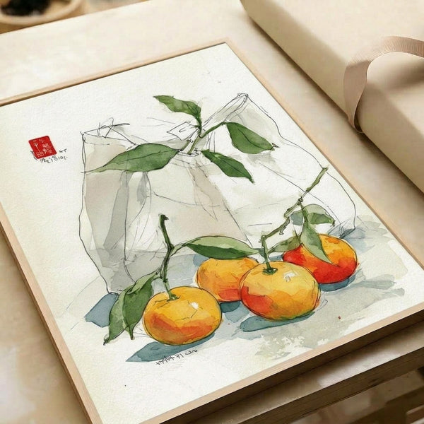 Delicate botanical watercolor artwork showcasing fresh citrus fruit and plant elements in understated yellows, reds, and sage greens, perfect for serene kitchen or dining space decor.