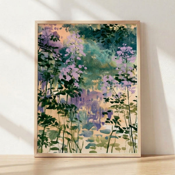 Serene watercolor painting of lavender wildflowers in soft purples and sage greens with teal accents, framed as a botanical art print on a wall.