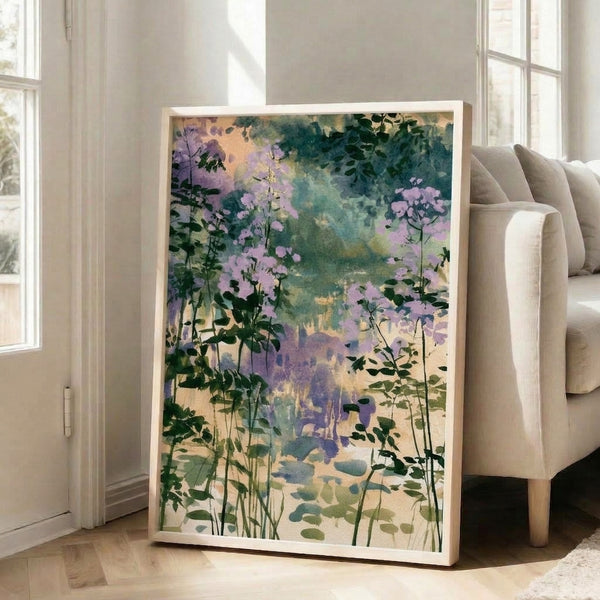 Dreamy impressionist-style flower garden artwork featuring delicate lavender blooms and cream-colored foliage in romantic, peaceful tones.