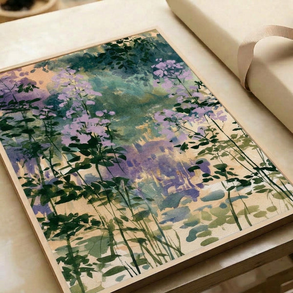 Peaceful botanical watercolor art capturing a dreamy garden of lavender flowers in muted purples, teals, and cream, displayed as a framed poster.