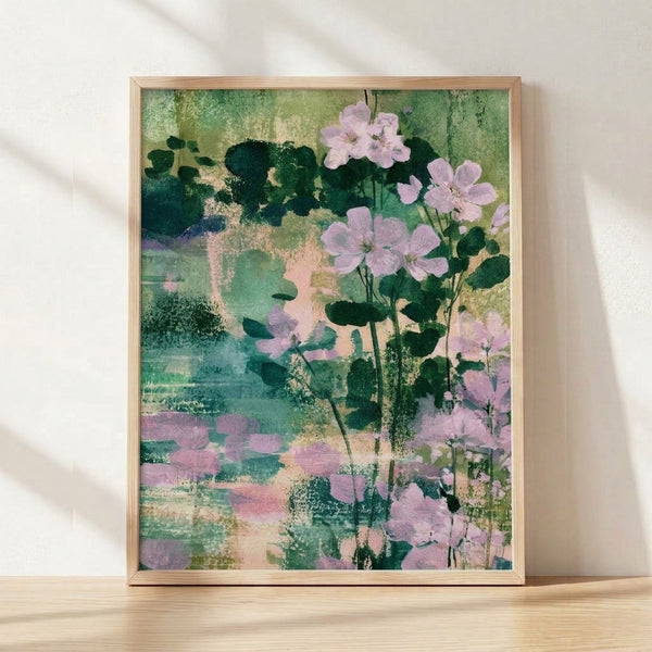 Serene watercolor painting of lavender blossoms and green foliage in soft mauve, sage, and cream tones, framed as a boho botanical art print on a wall.