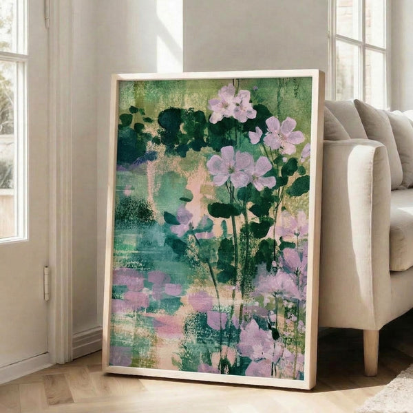 Dreamy watercolor garden scene featuring delicate lavender flowers and lush leaves in dusty mauve and forest green hues, displayed as a framed nature print.