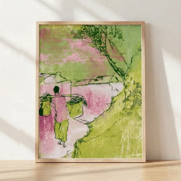 Watercolor painting of a woman carrying hanging baskets overflowing with plants and vines, rendered in soft sage green, pale yellow, and deep green tones with delicate line art details, framed as a poster on a wall.