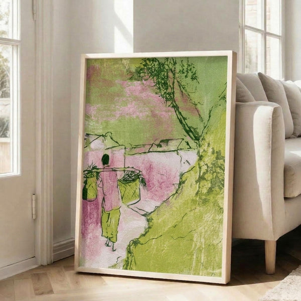 Boho watercolor art print depicting a serene figure surrounded by trailing leaves and garden baskets in muted pastels including sage, cream, and soft pink, with contemplative natural mood.