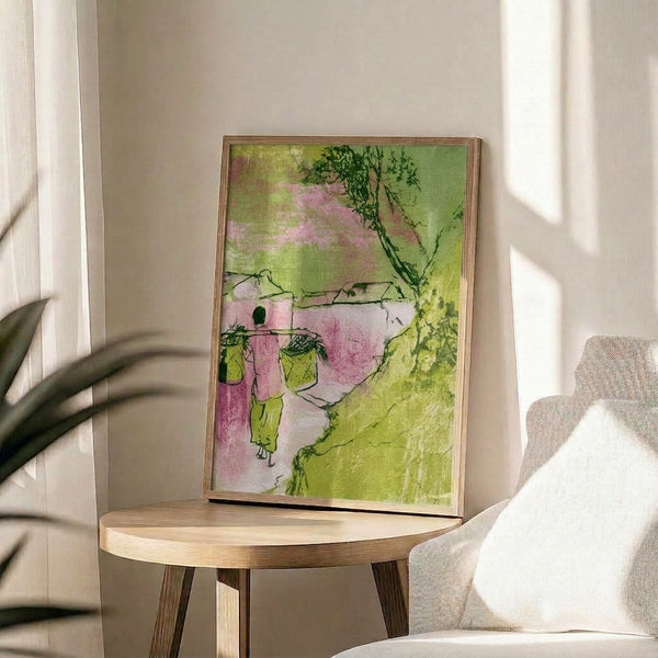 Framed watercolor landscape poster showing a peaceful woman holding cascading plant baskets with botanical elements in earthy greens and warm neutral hues, featuring soft boho-inspired line art style.