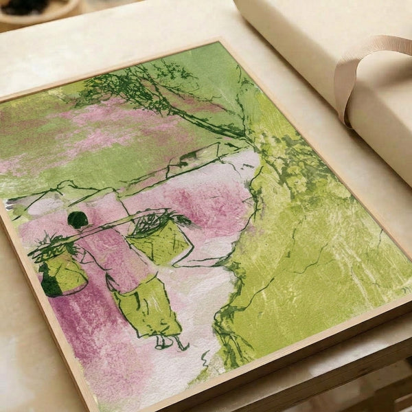 Botanical watercolor print of a woman cradling flowing vines and suspended baskets in a garden scene, combining gentle sage and deep green palettes with tender contemplative atmosphere, displayed as wall art.