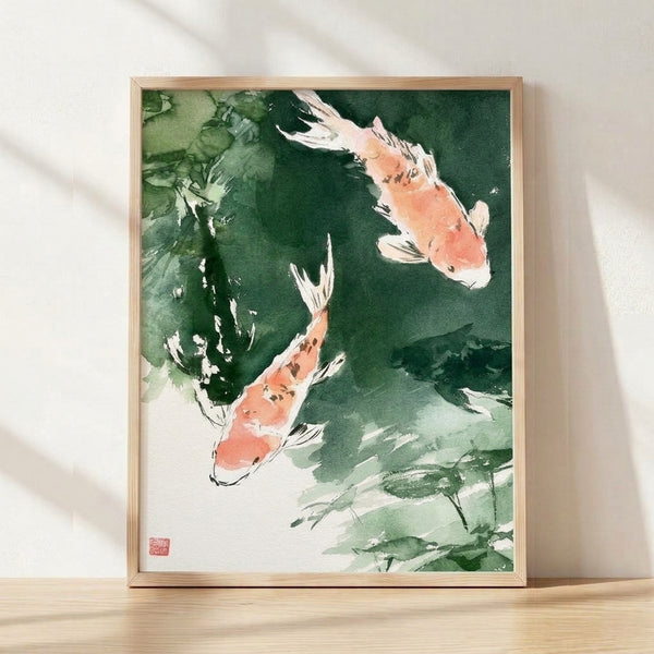 Serene watercolor koi fish painting in forest green and coral tones with lily pads, framed as a Japanese-inspired art print on a wall.