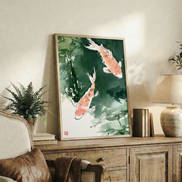 Contemplative zen garden scene featuring swimming koi in soft watercolor style with sage green, cream, and coral hues, displayed as a framed poster.