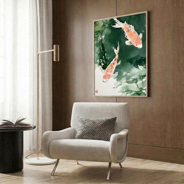 Tranquil koi pond watercolor composition with serene mood, rendered in soft cream, green, and coral tones as a framed Japandi art print.