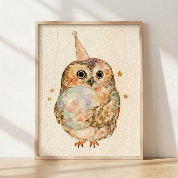 Whimsical watercolor owl wearing a festive party hat, surrounded by stars in soft cream, warm brown, pink, and pale green tones on a framed poster.