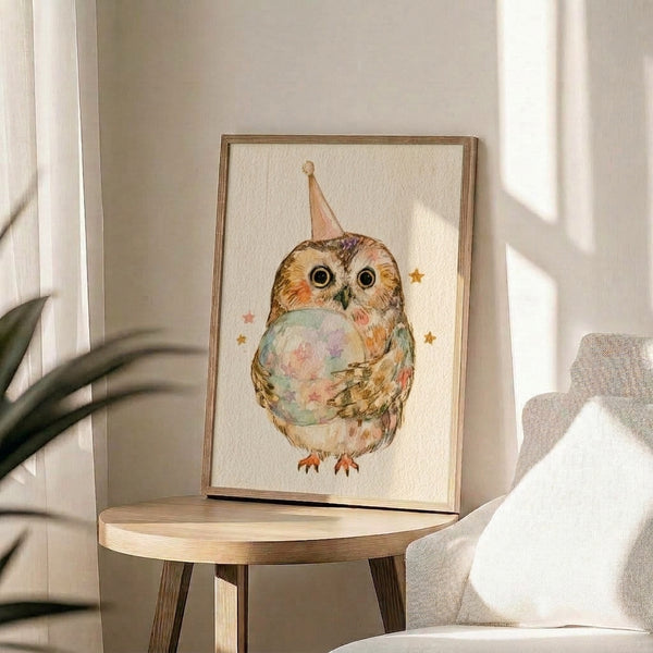Playful cottagecore-style owl illustration in watercolor, adorned with a party hat and golden stars, displaying gentle, cozy charm as a wall art print.