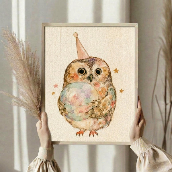 Charming watercolor painting of a cheerful owl in a party hat with delicate starry accents, rendered in soft pastels and warm earth tones for nursery or cottage décor.