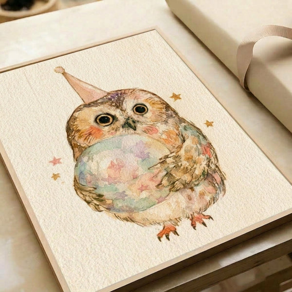 Gentle watercolor artwork featuring a whimsical party-hatted owl surrounded by celestial stars in cream, soft pink, green, and gold hues on a framed print.