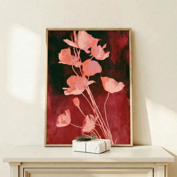 Framed art print featuring salmon pink and red poppies rendered in loose watercolor technique with moody green foliage and cream background.