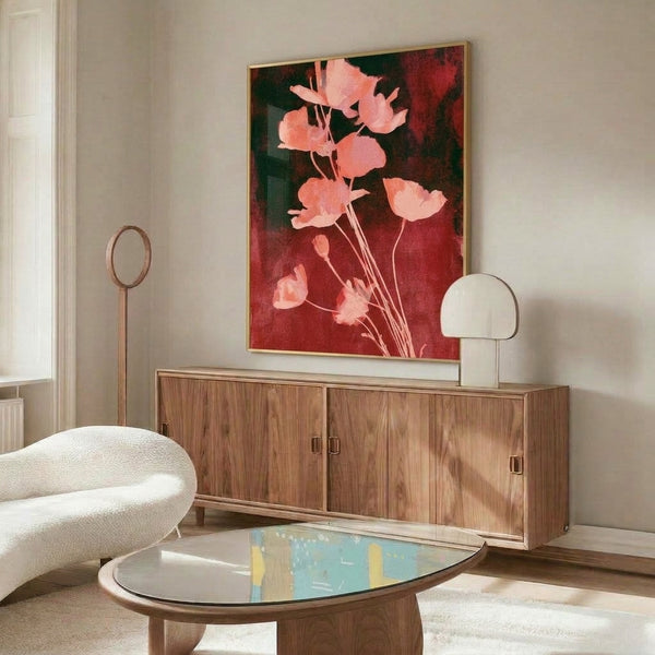 Modern watercolor poppy painting with coral blooms and deep red petals, art nouveau influence visible in flowing stem composition on cream canvas.