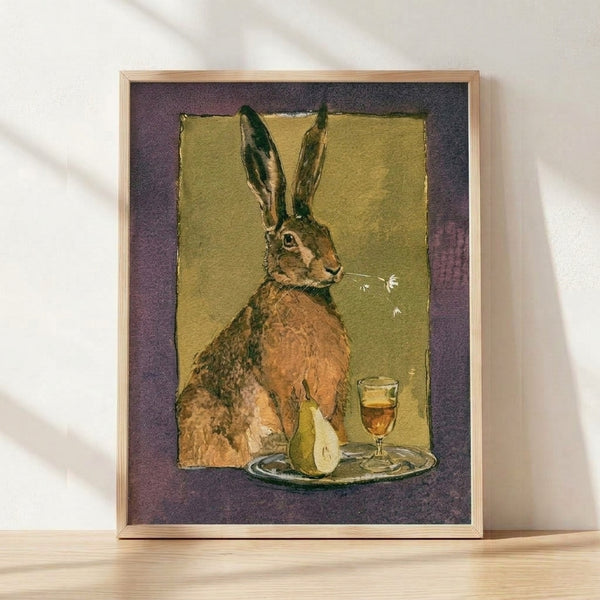 Whimsical watercolor painting of a hare seated beside a wine glass and pear, with delicate daisies and sage green accents, framed poster with cottagecore aesthetic.