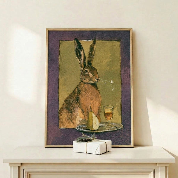 Cozy watercolor artwork featuring a rabbit in warm browns and mauves, surrounded by a pear, wine glass, and daisy flowers in soft earth tones, ideal for cottage-style wall decor.