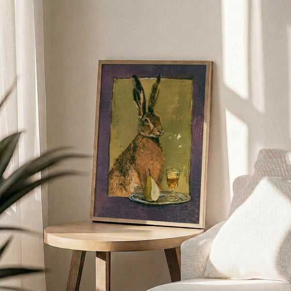 Sophisticated yet playful watercolor illustration of a hare with wine and pear still life arrangement, rendered in dusty mauve and cream hues with botanical details.