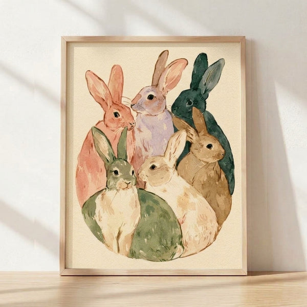 Watercolor painting of a gentle rabbit family in soft cream, sage green, and coral pink tones, featuring a whimsical cottagecore style framed poster on a wall.