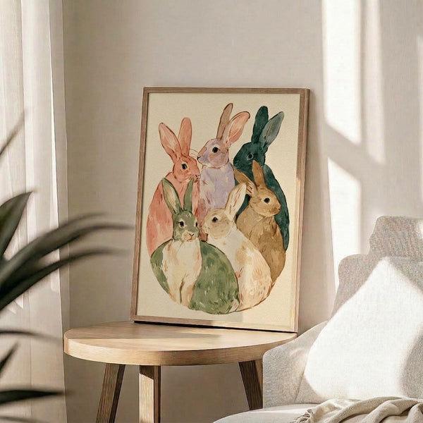 Framed art print depicting bunnies in delicate watercolor with muted lavender and tan hues, evoking a cozy folk art aesthetic perfect for cottage-inspired spaces.