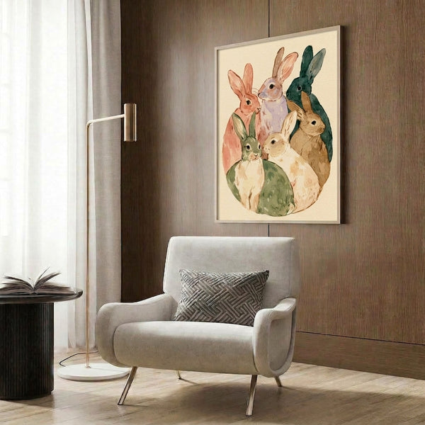 Whimsical watercolor rabbit portrait in warm cream and soft sage green with coral accents, showcasing gentle cottagecore charm as a framed wall art piece.