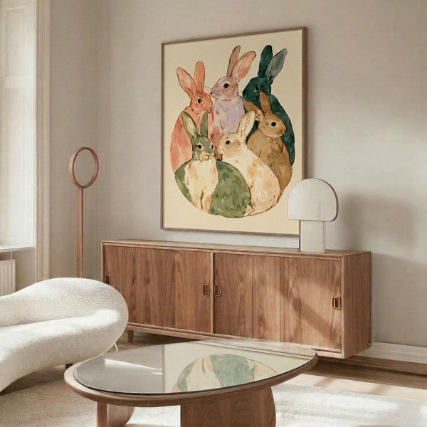 Soft watercolor bunny family artwork in lavender, tan, and blush tones, displaying folk art style with a cozy, whimsical mood suitable for animal-loving décor.