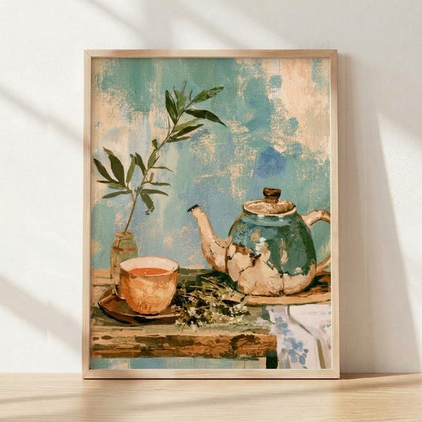 Watercolor painting of a kintsugi teapot with golden seams on a shelf alongside a delicate teacup, fresh flowers in a vase, and potted plant, rendered in soft sage green, cream, and warm terracotta tones.