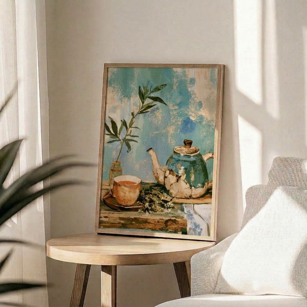 Contemplative watercolor illustration of a golden-repaired teapot arranged with tea service, botanical elements, and pottery on a shelf, painted in calming cream, soft blue, and warm earth tones.
