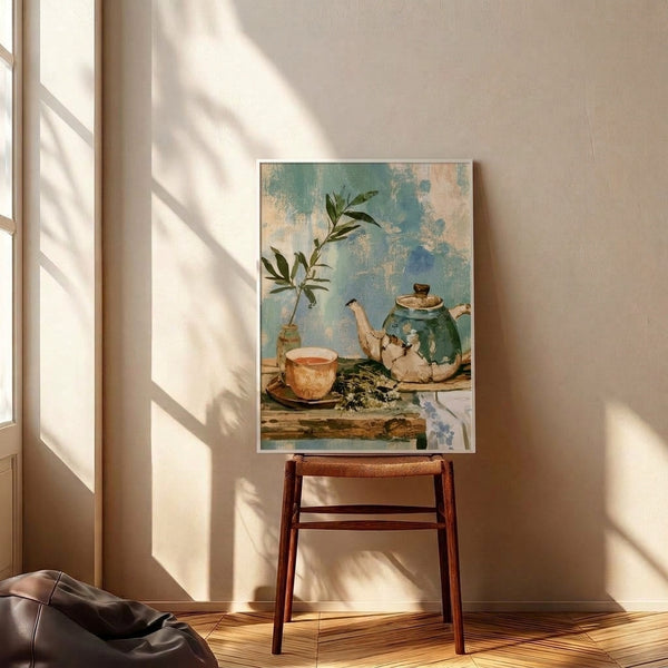 Zen-inspired watercolor poster showing a cozy domestic tea scene with kintsugi-detailed teapot, teacup, flowering vase, and plant accents in a soothing palette of sage, cream, and terracotta hues.