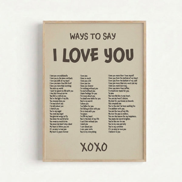 Retro-style art print with text-based design in warm tan and gray, expressing love through multiple phrases in a sentimental aesthetic.