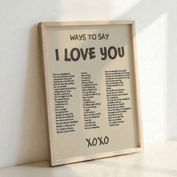 Framed poster displaying layered typography in neutral beige and charcoal, capturing romantic sentiment in a minimalist vintage style.
