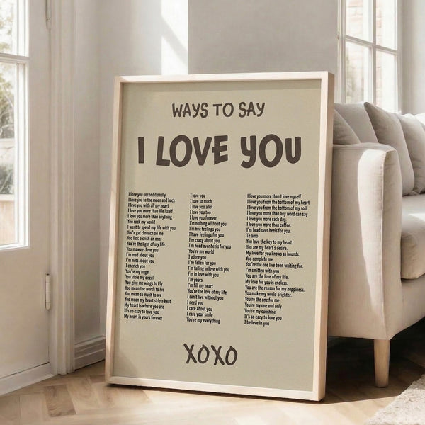 Minimalist retro poster featuring romantic language in muted beige, tan, and gray tones, designed for sentimental home decoration.