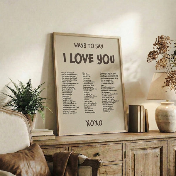 Typography-focused art print in vintage aesthetic with affectionate phrases displayed in neutral earth tones and charcoal gray.