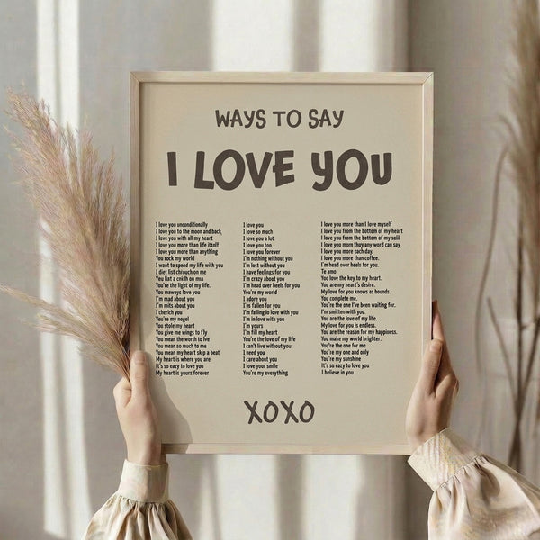 Retro wall art print showcasing romantic sentiment via typography in a soft palette of tan, beige, and charcoal.