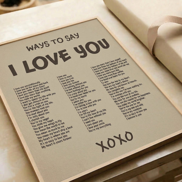 Heartfelt poster displaying romantic language through clean typography in muted beige and gray, framed as modern vintage decor.