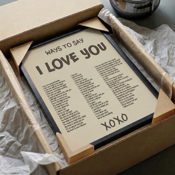 Retro minimalist wall print celebrating affection through text-based design in warm neutrals and dark charcoal tones.