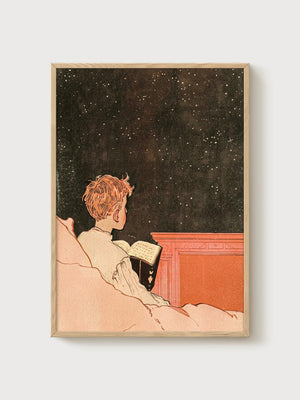 Vintage Reading Boy Print poster in oak frame