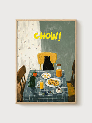 Black Cat Art Print poster in oak frame
